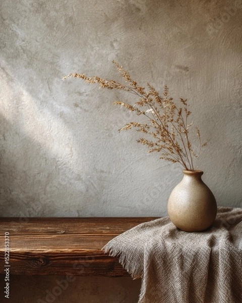 Obraz Rustic vase with dried grasses on wooden table in cozy interior setting