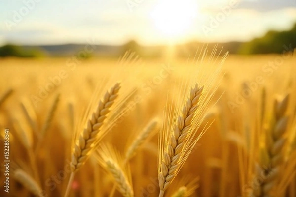 Fototapeta Close-up view of golden wheat stalks swaying gently in a summer breeze, sunlit field, rural landscape, natural texture, agricultural scene , crop, agriculture, ears