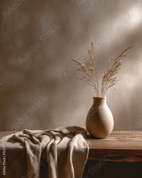 Obraz Elegant minimalist vase with dried grass on rustic wooden table