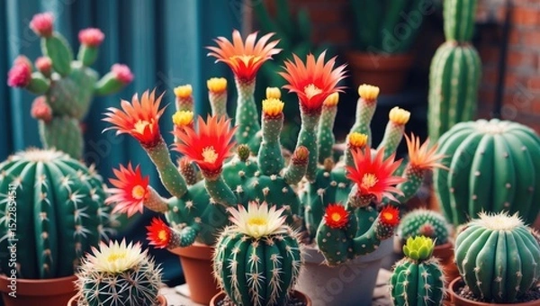 Fototapeta Cactuses and Succulents. Blooming Summer Heat-Loving Plants, Grown By Man At Home.. With Empty Copy Space For Text