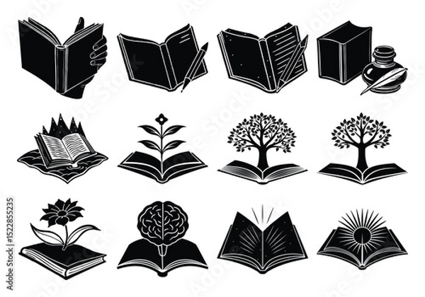 Fototapeta Silhouette Open book with object set vector illustration on white background,