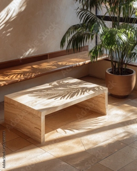 Obraz Sunlit modern interior with travertine coffee Travertine table and lush indoor plants