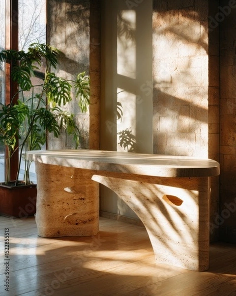 Obraz Sunlit stone table with indoor plants and modern architectural design
