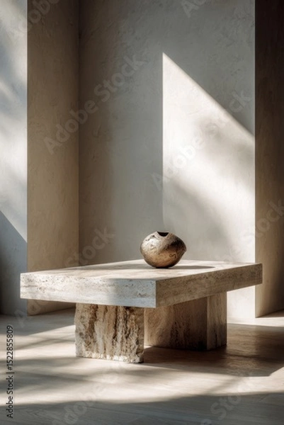 Obraz Minimalist interior design with a stone table and ceramic vase in sunlit room