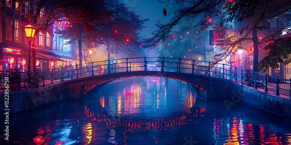 Fototapeta Evening Lanterns Over the Canal with tranquil evening scene background

