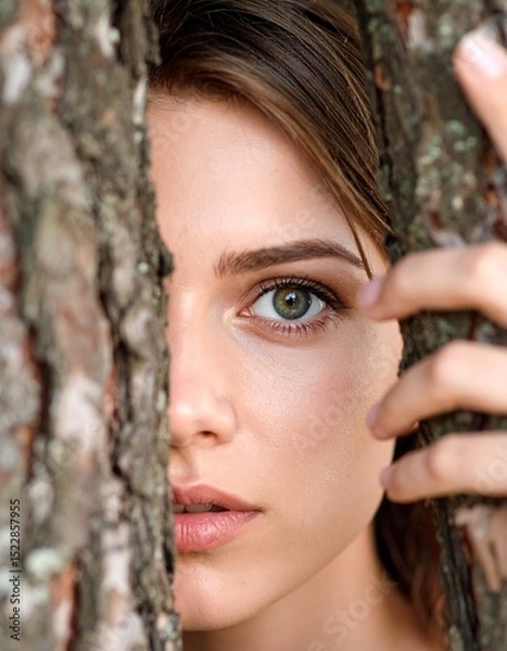 Fototapeta Close up of an attractive women hiding in the trees and leaves