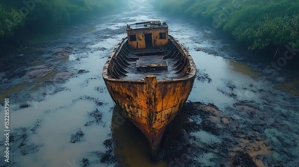Fototapeta Old boat in abandoned polluted waterway High Resolution Picture