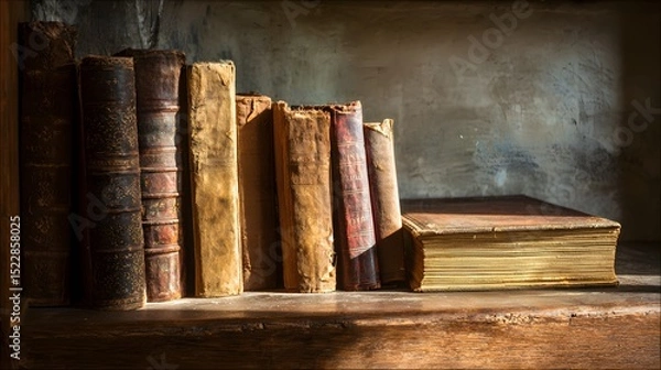 Fototapeta Antique books on a wooden shelf, radiating timeless wisdom and scholarly charm