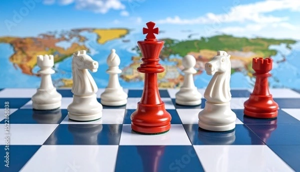 Fototapeta Red and white chess pieces on a black checkerboard with a world map in the background