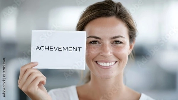 Obraz businesswoman career goal-setting. Smiling woman holds a sign that reads "ACHIEVEMENT" in a bright setting.