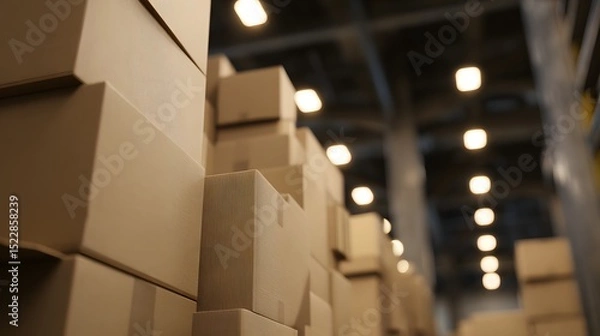 Fototapeta Neatly stacked cardboard boxes in a warehouse, symbolizing order and efficient logistics