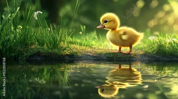Fototapeta Curious Duckling by a Pond