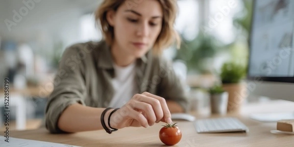 Obraz businesswoman career goal-setting. A woman examines a small tomato at a desk with a computer and plants nearby.