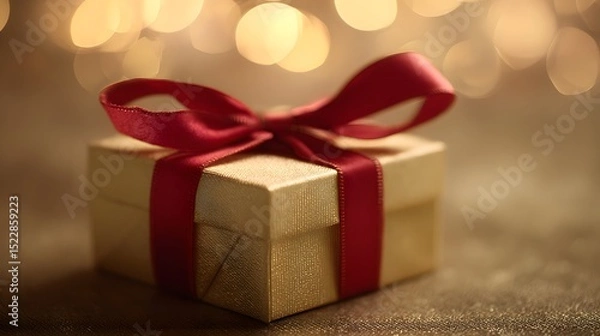 Fototapeta Golden gift box with red ribbon bow on velvet, evoking luxury and celebration