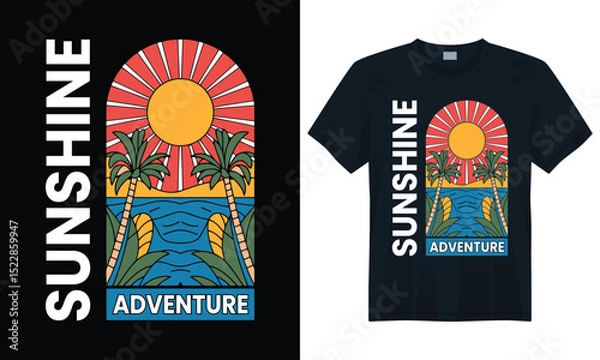 Fototapeta Bright beach and palm tree sunset scene with surfboards and tropical ocean for vacation t-shirt design