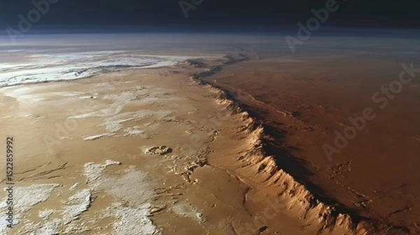 Fototapeta Martian canyon with dark streaks and crystalline ice under cracked surface, dust storm approaching