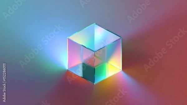 Fototapeta Holographic 3D cube floating in space with light refraction, symbolizing futuristic digital innovation