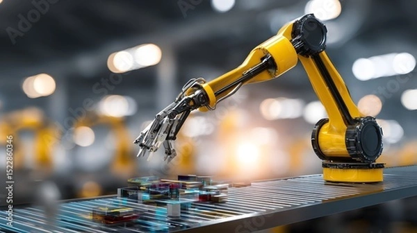 Fototapeta Robotic arm assembling geometric shapes on conveyor belt, showcasing modern automation in manufacturing