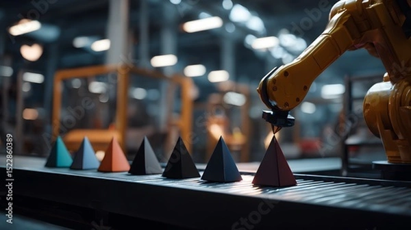 Fototapeta Robotic arm assembling geometric shapes on conveyor belt, showcasing modern automation in manufacturing