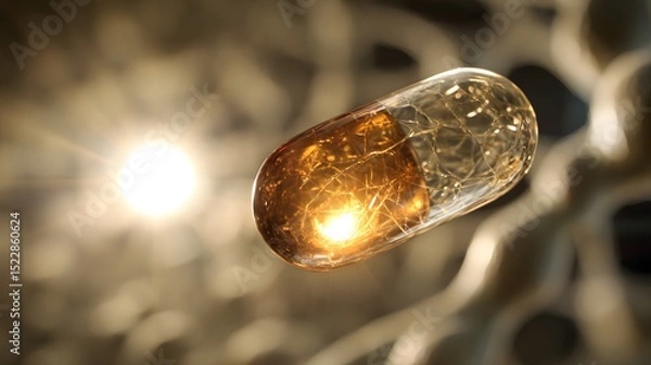 Fototapeta Sunlight through a vitamin D capsule with blurred cells, symbolizing health and longevity science