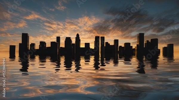 Fototapeta Flooded city skyline at dusk with distorted reflections, symbolizing climate migration and rising waters