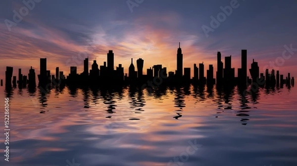 Fototapeta Flooded city skyline at dusk with distorted reflections, symbolizing climate migration and rising waters