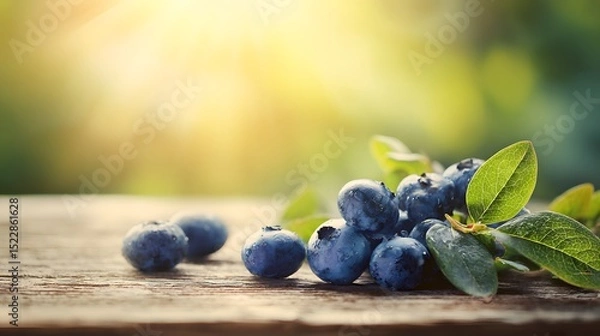 Fototapeta Fresh blueberries on a wooden table, symbolizing natural health and vitality