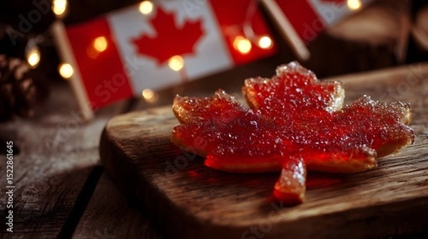 Fototapeta A red maple leaf cookie on a wooden plate with sugar crystals, Canadian flag bunting behind; celebrating Canada Day with sweet tradition