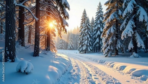 Obraz Sun-dappled winter forest, snow-covered trees, glistening with sunlight, perfect for skiing A picturesque scene of serene winter nature , trees, idyllic