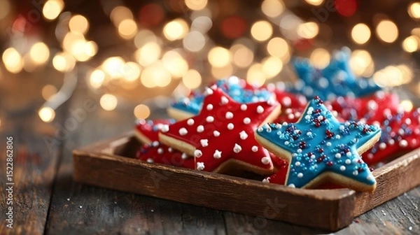 Fototapeta Star-shaped cookies in red, white, and blue, celebrating Independence Day with festive joy