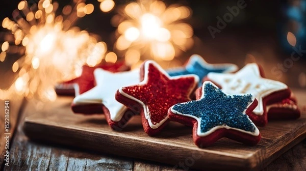 Fototapeta Star-shaped cookies in red, white, and blue, celebrating Independence Day with festive joy