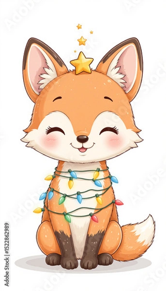 Fototapeta Adorable red fox with Christmas lights garland. Festive fox character design with star on head. Perfect Christmas illustration for greeting cards or children's book.