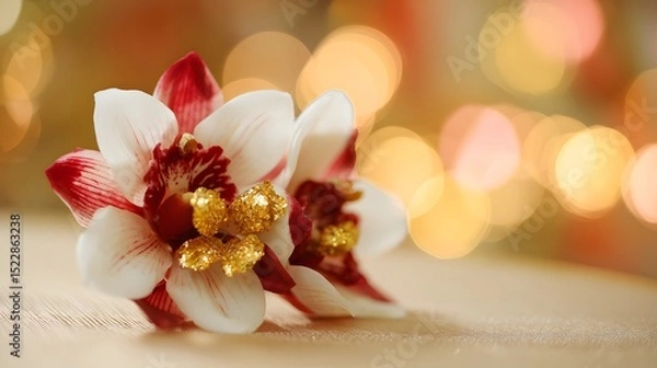 Fototapeta Red and white orchid corsage with golden details, celebrating Singapore National Day with festive elegance
