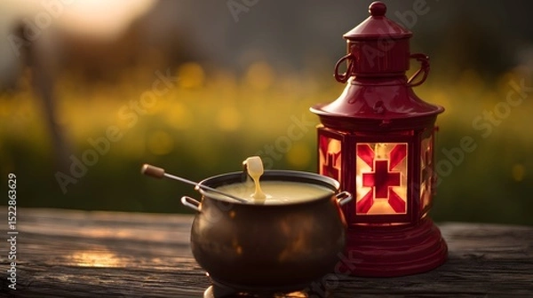 Fototapeta Glowing red Swiss lantern beside cheese fondue, white cross on rustic wood. Celebrating tradition with warmth and alpine charm