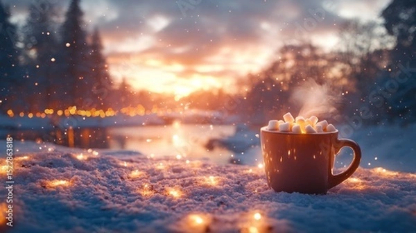 Fototapeta Snowy winter evening, warm cocoa, glowing lights, by a stream