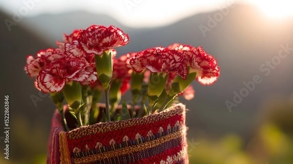 Fototapeta Red-and-white carnations in an Andean pouch, celebrating Peruvian Independence Day with warmth and tradition