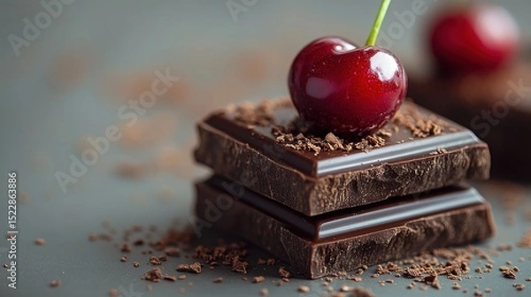 Fototapeta Dark chocolate squares, cherry, cocoa, dessert, food photography, table, background, culinary