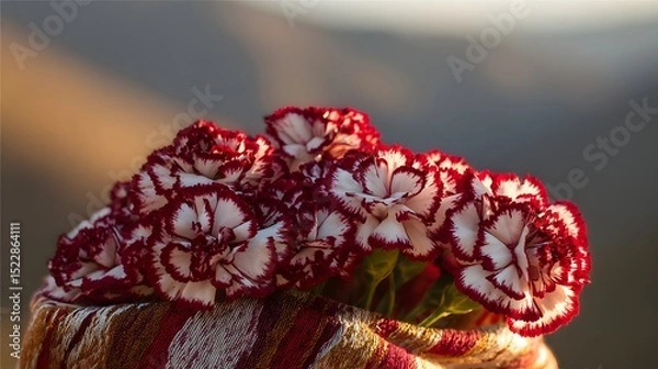 Fototapeta Red-and-white carnations in an Andean pouch, celebrating Peruvian Independence Day with warmth and tradition