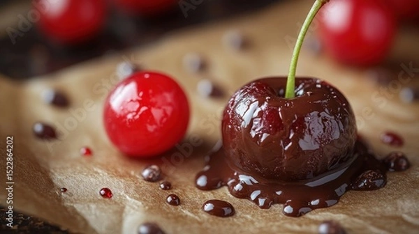 Fototapeta Chocolate-covered cherries on parchment paper, with scattered chocolate chips and more cherries in the background