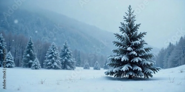 Obraz A frosted Christmas tree stands alone in a snowy landscape, a stark and beautiful winter scene The cold air hangs heavy, emphasizing the quiet solitude of the holiday , pine, christmas tree, season