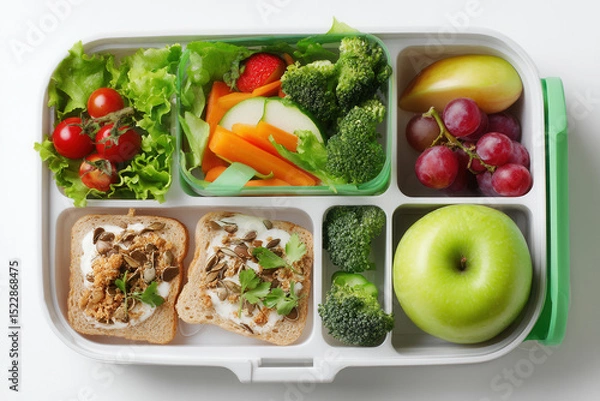 Fototapeta Healthy school lunch box showcasing colorful fruits and vegetables arranged neatly for a nutritious midday meal