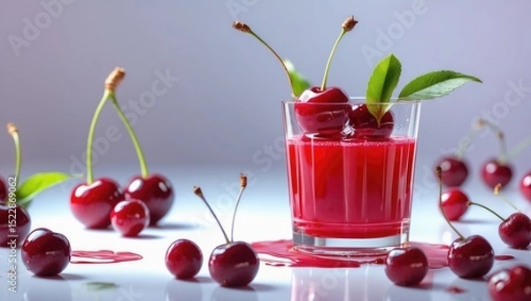 Fototapeta Cherry juice in a glass with fresh cherries and green leaves on white background, with empty space for text. Refreshing summer healthy drink.