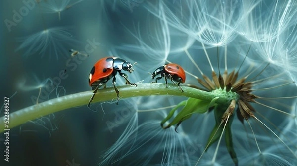 Fototapeta Ladybug resting on a dandelion amidst delicate seeds in a serene, colorful setting.