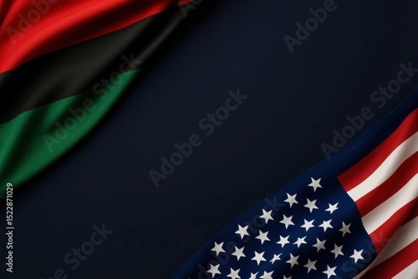 Fototapeta Juneteenth banner with deep navy blue premium background, centered Pan-African and American flags, symbolizing Freedom Day in the USA — modern luxury design for celebration with copy space