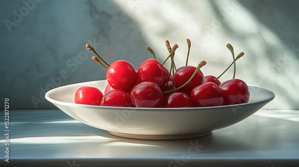 Fototapeta Fresh red cherries in a white bowl on table