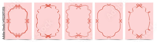 Fototapeta Set of doodle hand drawn trendy coquette frames with bows, ribbons. Minimalist vintage whimsical borders. Modern vector design template for wedding invitation, birthday card, print, holiday poster.