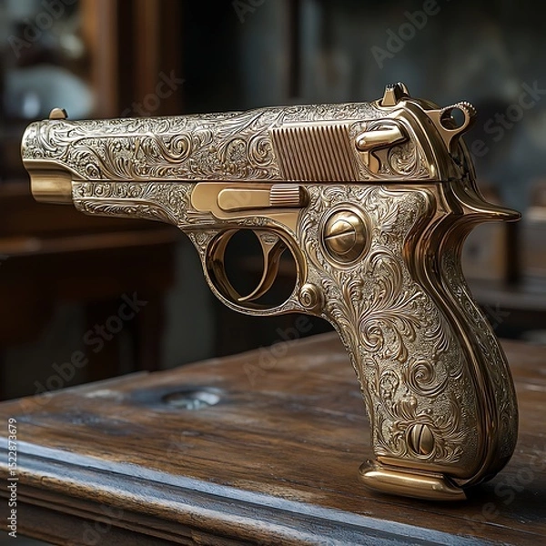 Fototapeta Fine crafted golden pistol with ornate detailing High Resolution Picture