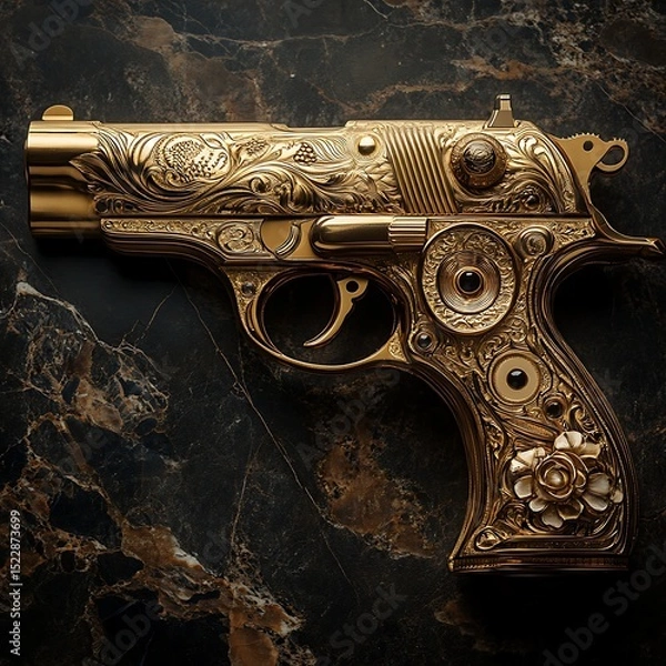 Fototapeta Lavish gold-plated gun with intricate patterns High Resolution Picture