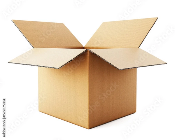 Fototapeta 3D rendering of a new condition cardboard shipping box, slightly open, isolated on white background for logistics and delivery concepts