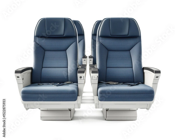 Fototapeta 3D rendering of commercial airplane economy class seats, designed in a realistic style with armrests, isolated on a pure white background for clean cut-out use in airline marketing